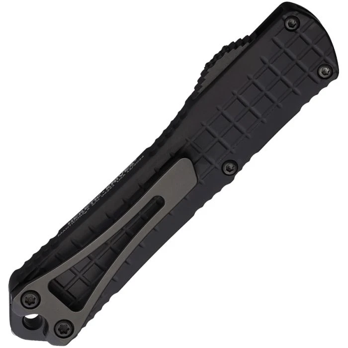 H022BF6AT Automatic opening. 3.88" (9.86cm) closed. 2.63" (6.68cm) black DLC coated CPM MagnaCut stainless bowie blade. Black grenade pattern aluminum handle. Lanyard hole. Pocket clip.