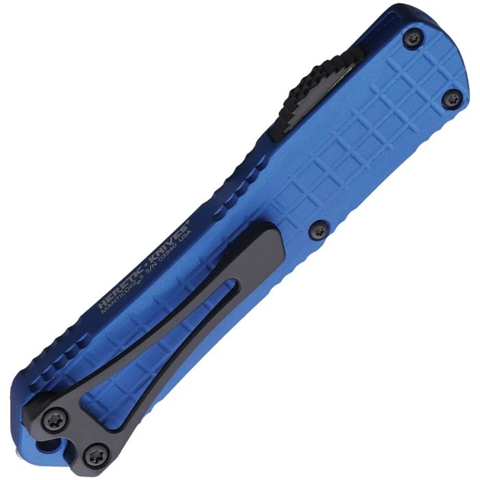 H022BF6ABLU Automatic opening. 3.88" (9.86cm) closed. 2.63" (6.68cm) black DLC coated CPM MagnaCut stainless bowie blade. Blue aluminum handle. Lanyard hole. Pocket clip. Glass breaker. Grenade grip.