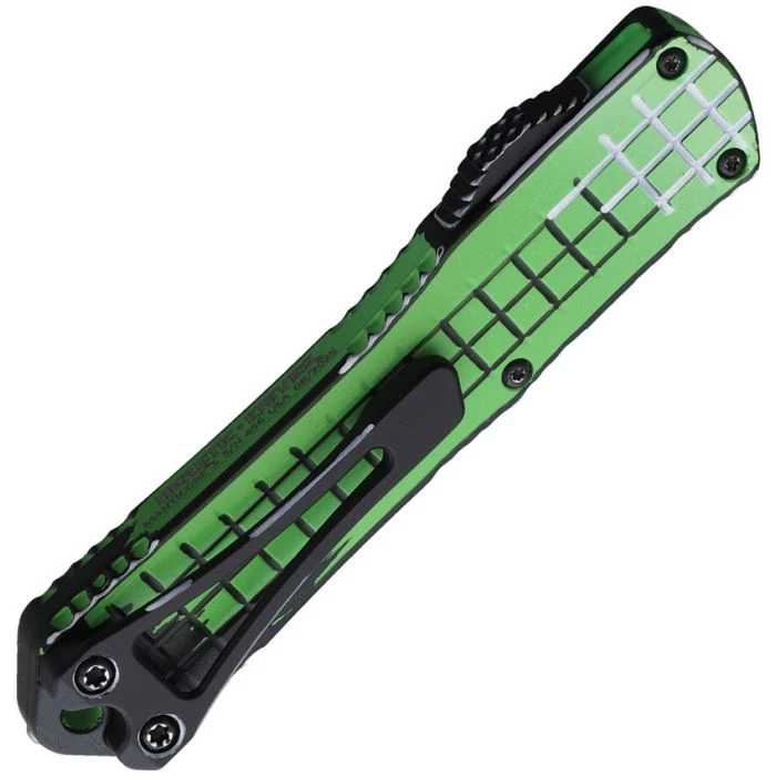 H025FCSTX Automatic opening. 3.88" (9.86cm) closed. 2.63" (6.68cm) CPM MagnaCut stainless recurve blade. Grenade pattern aluminum handle. Lanyard hole. Pocket clip. Glass breaker. Toxic green Cel shading blade and handle.