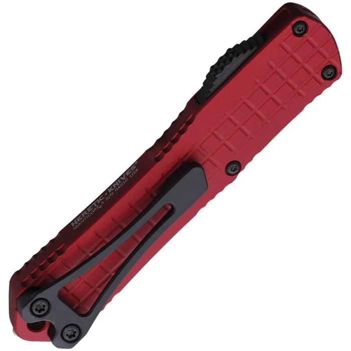 Automatic opening. 3.88" (9.86cm) closed. 2.63" (6.68cm) black DLC coated double edge CPM MagnaCut stainless blade. Red aluminum handle. Lanyard hole. Pocket clip. Glass breaker. Grenade grip.