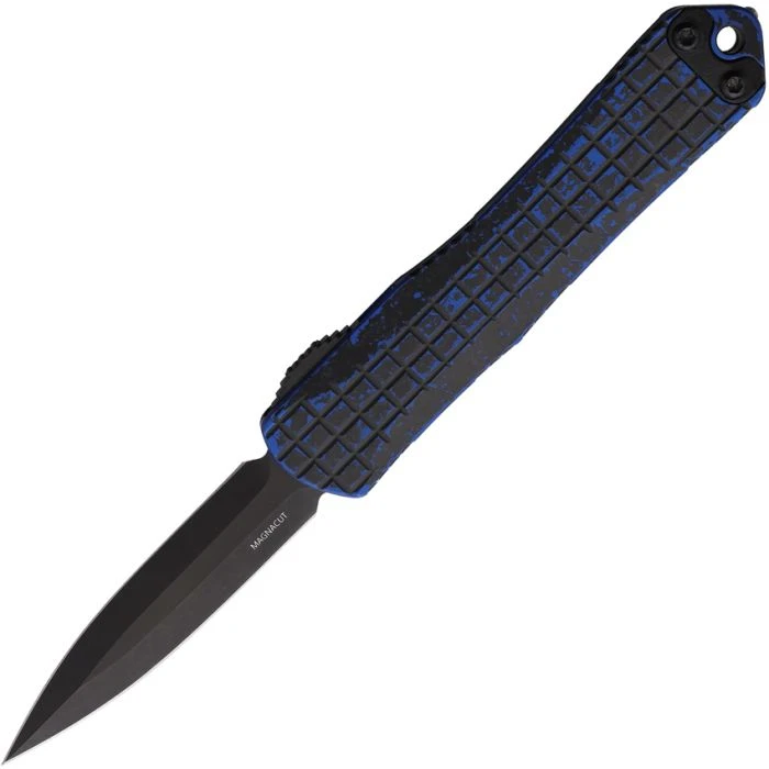 H024F6ABKBLU Automatic opening. 3.88" (9.86cm) closed. 2.63" (6.68cm) black DLC coated double edge CPM MagnaCut stainless blade. Breakthrough blue aluminum handle. Lanyard hole. Pocket clip. Glass breaker. Grenade grip.
