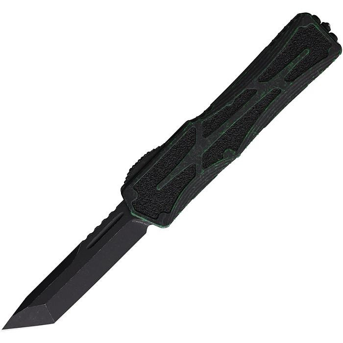 H0408ABRKGRN Automatic opening. 5.13" (13.03cm) closed. 3.5" (8.89cm) black stonewash finish CPM MagnaCut stainless tanto blade. Breakthrough green aluminum handle with black traction inlay. Glass breaker. Pocket clip.