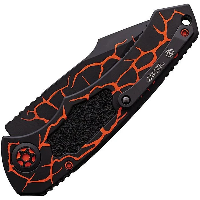 H048MAGOR Automatic opening. 5.13" (13.03cm) closed. 3.75" (9.53cm) CPM MagnaCut stainless drop point blade. Aluminum handle. Lanyard hole. Pocket clip. UV orange magma blade and handle.