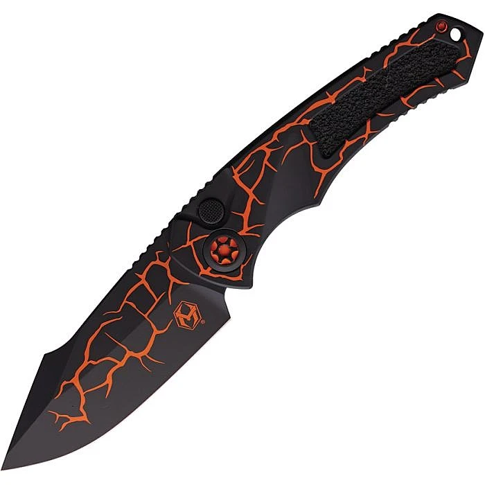 H048MAGOR Automatic opening. 5.13" (13.03cm) closed. 3.75" (9.53cm) CPM MagnaCut stainless drop point blade. Aluminum handle. Lanyard hole. Pocket clip. UV orange magma blade and handle.