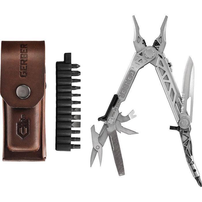 G1417 4.75" closed. 6.63" overall. Tools include: Needlenose pliers l Wire stripper l Wire cutter l Serrated blade l Pry bar l Bottle opener l Awl l File l Scissors. One thumb opening system. X-Channel rail system. Magnetic 3.2" center-axis bit driver. Magnetic flathead and Phillips bits. All tools are tumbled finish. Brown leather belt sheath.