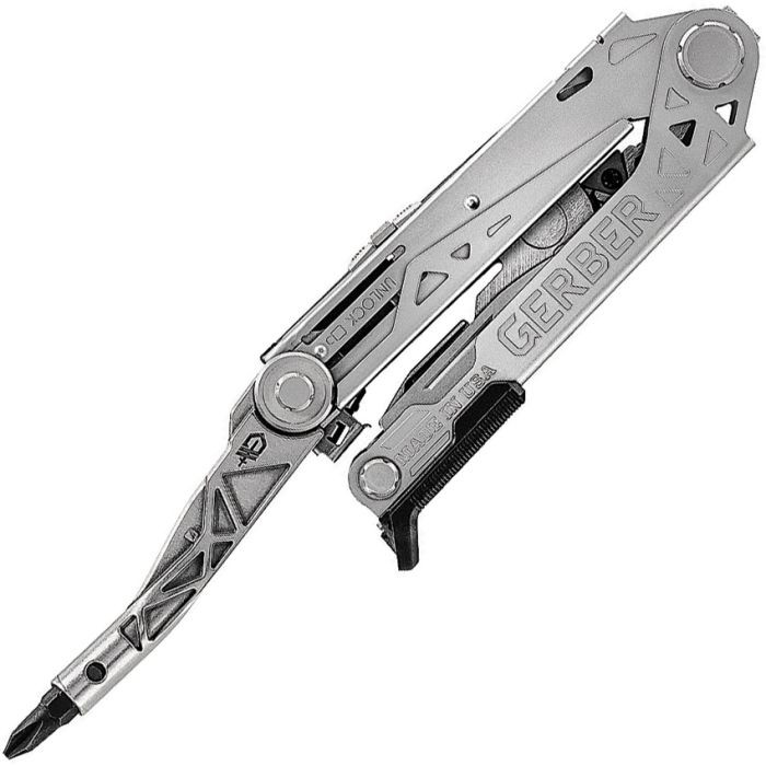 G1417 4.75" closed. 6.63" overall. Tools include: Needlenose pliers l Wire stripper l Wire cutter l Serrated blade l Pry bar l Bottle opener l Awl l File l Scissors. One thumb opening system. X-Channel rail system. Magnetic 3.2" center-axis bit driver. Magnetic flathead and Phillips bits. All tools are tumbled finish. Brown leather belt sheath.