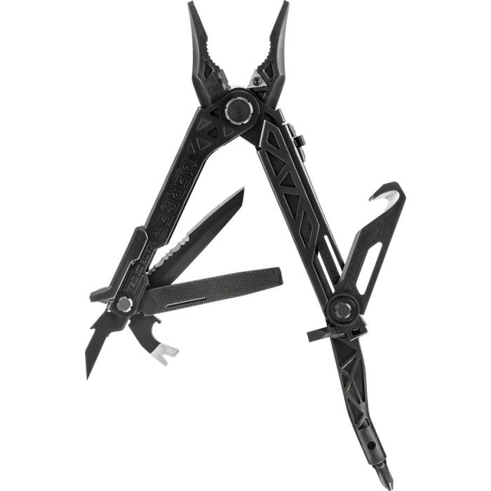 G1892 4.75" closed. 6.63" overall. Tools include: Pry bar l Bottle opener l Awl l File. Weight: 9.5oz. One-hand opening strap cutter I Spring-loaded needle nose pliers with x-channel rail system I Rotatable carbide wire cutters and strippers I 2.5" partially serrated blade; Magnetic 3.2" center axis but driver I Magnetic flathead and Phillips bits. Bit set. Desert tan Berry compliant belt sheath.