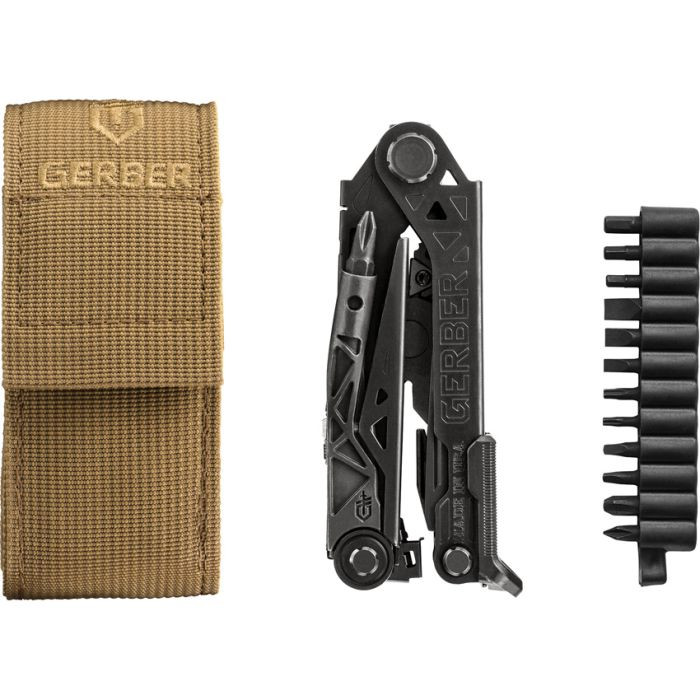 G1892 4.75" closed. 6.63" overall. Tools include: Pry bar l Bottle opener l Awl l File. Weight: 9.5oz. One-hand opening strap cutter I Spring-loaded needle nose pliers with x-channel rail system I Rotatable carbide wire cutters and strippers I 2.5" partially serrated blade; Magnetic 3.2" center axis but driver I Magnetic flathead and Phillips bits. Bit set. Desert tan Berry compliant belt sheath.