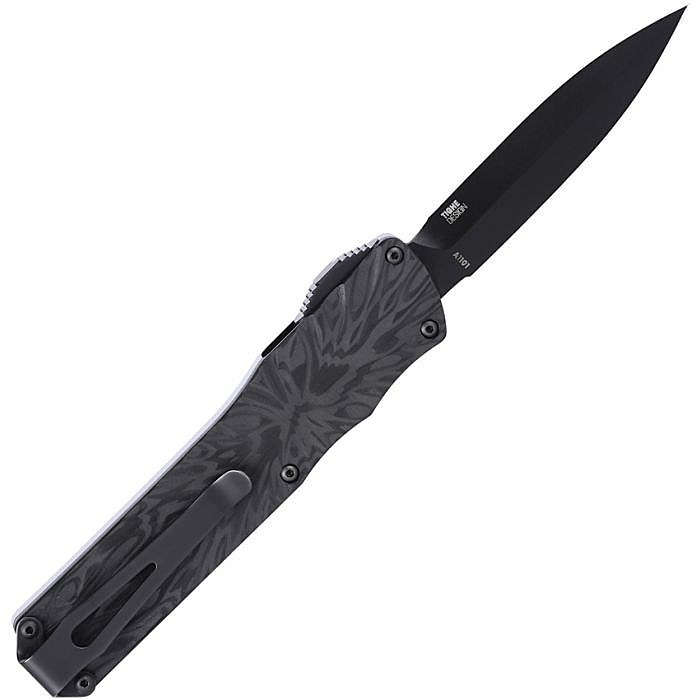 CRA1101 Automatic opening. 4" (10.16cm) closed. 2.63" (6.68cm) black TiNi finish double edge MagnaCut steel spear point blade. Black sculpted aluminum handle with Black Pearl camo carbon fiber back handle. Pocket clip.