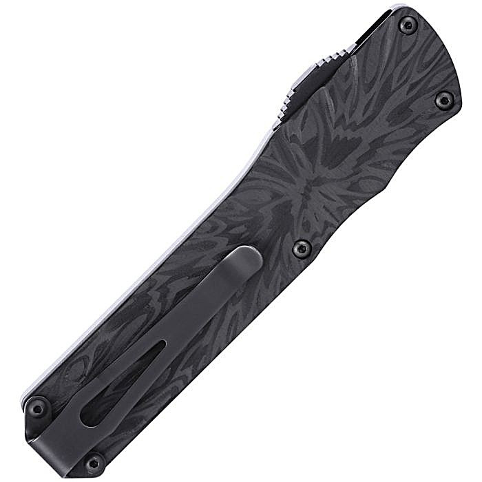 CRA1101 Automatic opening. 4" (10.16cm) closed. 2.63" (6.68cm) black TiNi finish double edge MagnaCut steel spear point blade. Black sculpted aluminum handle with Black Pearl camo carbon fiber back handle. Pocket clip.