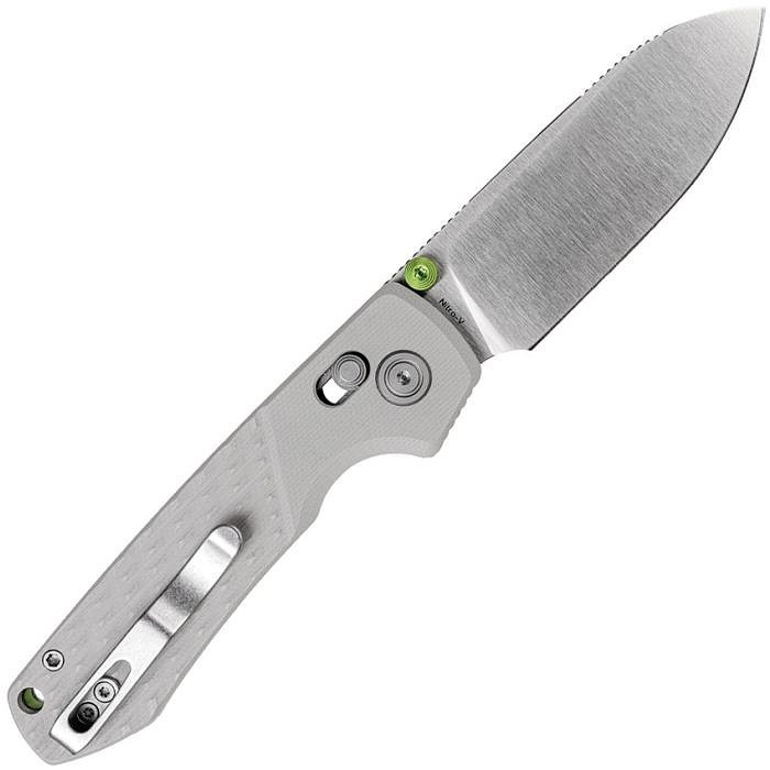VOSA4904 4.38" (11.13cm) closed. 3.25" (8.26cm) satin finish Nitro V steel drop point blade. Gray sculpted G10 handle. Thumb stud. Pocket clip. Lanyard hole. Green aluminum backspacer. Black nylon zippered storage case.