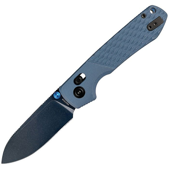 VOSA4903 4.38" (11.13cm) closed. 3.25" (8.26cm) blue Cerakote finish Nitro V steel drop point blade. Blue G10 handle. Thumb stud. Pocket clip. Lanyard hole. Blue aluminum backspacer. Black nylon zippered storage case.
