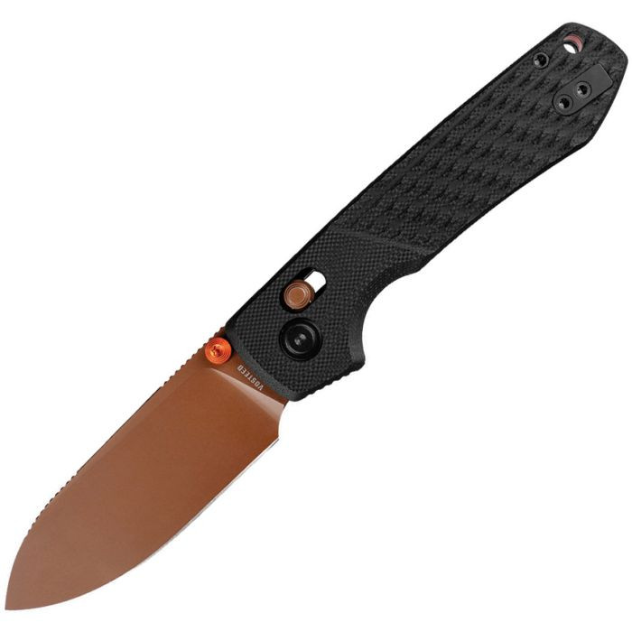 VOSA4901 4.38" (11.13cm) closed. 3.25" (8.26cm) Nitro V steel drop point blade. Black sculpted G10 handle. Thumb stud. Pocket clip. Lanyard hole. Copper Dune coated blade. Orange aluminum backspacer. Black nylon zippered storage case.