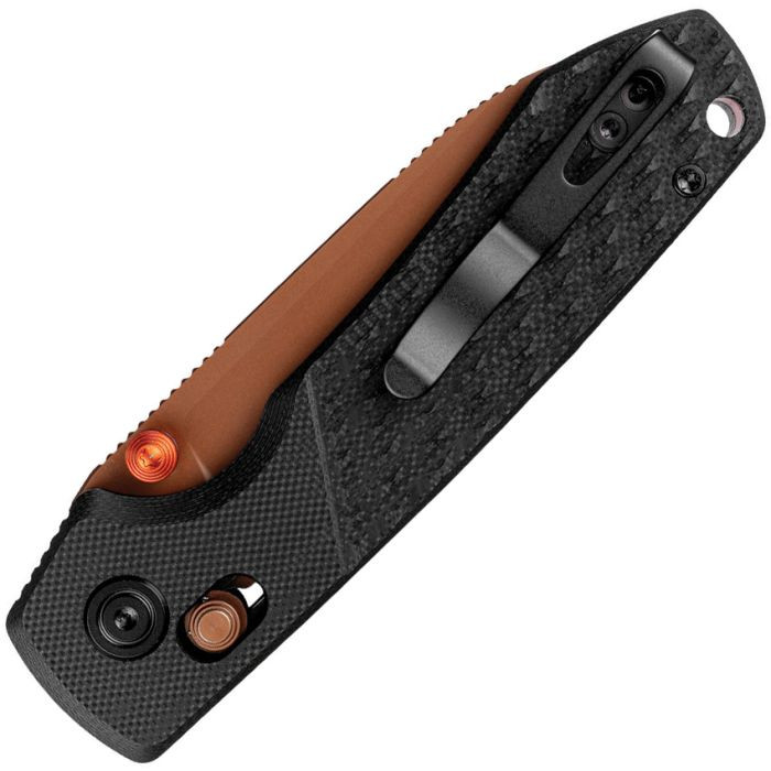 VOSA4901 4.38" (11.13cm) closed. 3.25" (8.26cm) Nitro V steel drop point blade. Black sculpted G10 handle. Thumb stud. Pocket clip. Lanyard hole. Copper Dune coated blade. Orange aluminum backspacer. Black nylon zippered storage case.