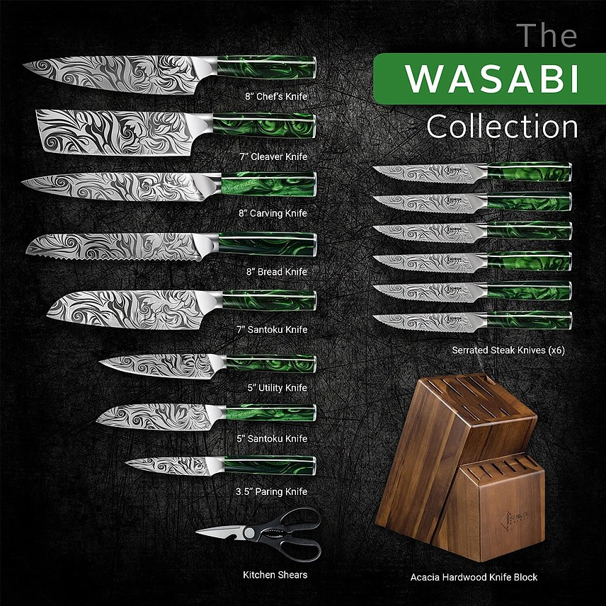 "Wasabi" 16-Piece Japanese Knife Block Set (Green Resin)