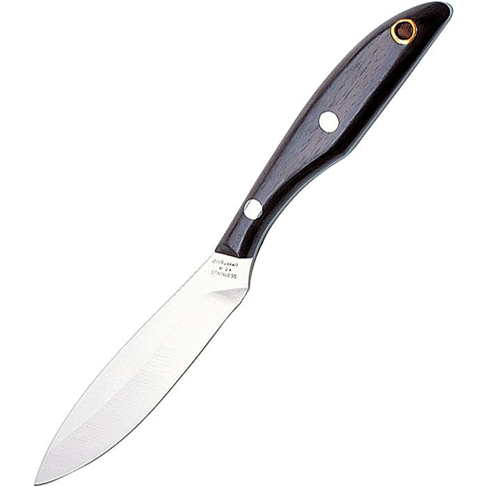 GR2 8" (20.32cm) overall. 4" (10.16cm) stainless blade. Rosewood handle. Full tang. Lanyard hole. Offset handles. Brown leather belt sheath.