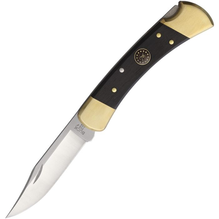 BU110BRSUSA1 4.88" (12.4cm) closed. 3.88" (9.86cm) satin finish 420HC stainless clip point blade. Ebony wood handle. Brass bolster(s). Brown leather belt sheath.