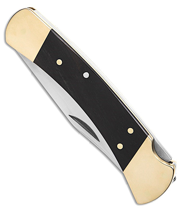 BU110BRS19 4.88" (12.4cm) closed. 3.75" (9.53cm) satin finish MagnaCut steel clip point blade. Crelicam Ebony wood handle. Brass bolster(s).