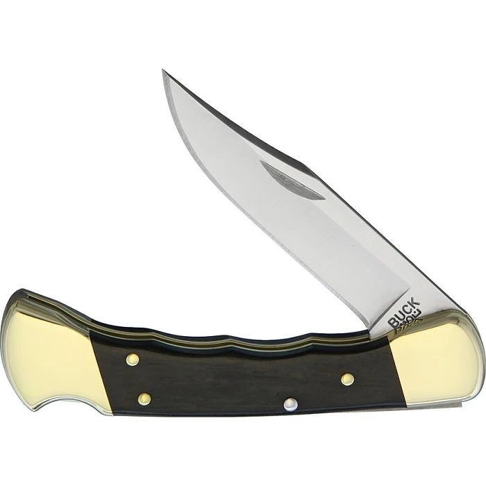 BU110FG 4.88" closed. 3.75" 420HC stainless clip point blade. Brass bolster(s). Genuine Crelicam Ebony finger grooved handle. Black leather belt sheath.
