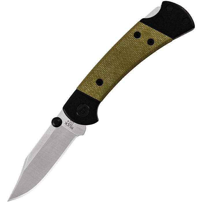 BU112GRS5 4.25" (10.8cm) closed. 3" (7.62cm) satin finish CPM S35VN stainless clip point blade. Black anodized aluminum handle with green micarta inlay. Thumb stud. Pocket clip.