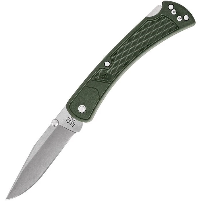 BU112ODS2 4.25" (10.8cm) closed. 3" (7.62cm) stonewash finish 420HC stainless clip point blade. OD green checkered glass filled nylon handle. Thumb stud. Pocket clip.
