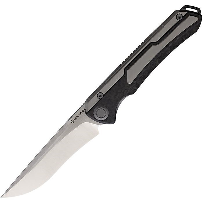 MAXM06D 4.75" (12.07cm) closed. 3.75" (9.53cm) Bohler M390 stainless blade. Shredded carbon fiber handle with titanium onlay. Extended tang. Lanyard hole. Pocket clip. Bead blast and satin finish small spearhead blade. Black nylon zippered storage case.