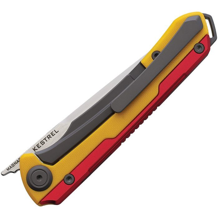 MAXMM281D 4.75" (12.07cm) closed. 3.75" (9.53cm) MagnaCut steel blade. Lanyard hole. Pocket clip. Extended tang. Bead blast and satin finish blade. Yellow G10 and red aluminum handle.