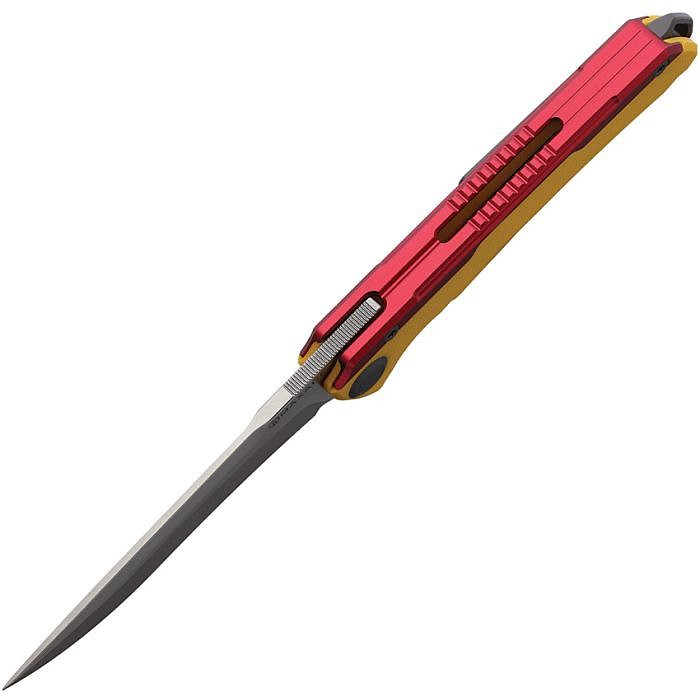 MAXMM281D 4.75" (12.07cm) closed. 3.75" (9.53cm) MagnaCut steel blade. Lanyard hole. Pocket clip. Extended tang. Bead blast and satin finish blade. Yellow G10 and red aluminum handle.