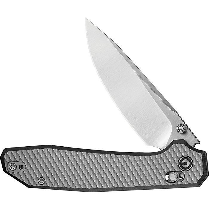 CE260291 4.38" (11.13cm) closed. 3.38" (8.59cm) satin finish CPM S35VN stainless drop point blade. Gray aluminum handle. Thumb stud. Pocket clip. Diamond pattern handle. Black nylon zippered storage case.