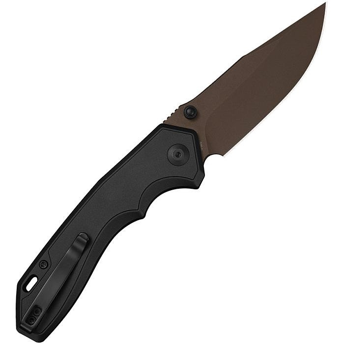 CE250932 4.63" (11.76cm) closed. 3.38" (8.59cm) brown stonewash finish CPM S35VN stainless clip point blade. Black aluminum handle. Thumb stud. Lanyard hole. Pocket clip.