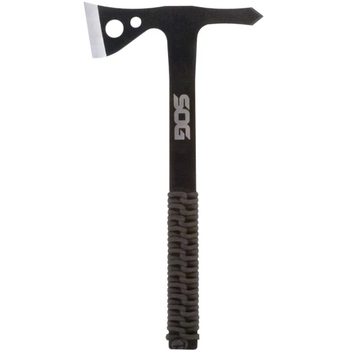 SOGTH1001CP 10 1/2" overall. 5 1/2" axe head with 1 5/8" cutting edge. Black finish 3Cr13 stainless one piece construction with black paracord wrapped handles. Balanced for throwing and designed specifically for target practice. Black nylon belt sheath holds all