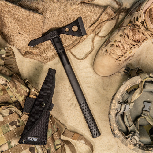 SOGF01TNCP 5.5" overall. 2.75" cutting edge. Black GRN handle. Versatile tool for breaching operations, excavation, obstacle removal, and other utility applications. Black nylon belt sheath