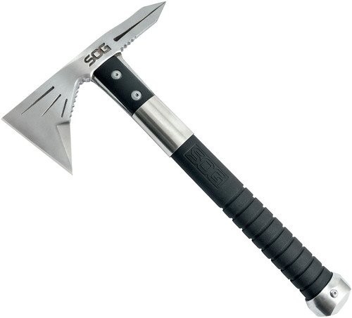 SOGF182NCP 7" satin finish 3Cr13 stainless head with 3" cutting edge and pick. Grooved black fiberglass reinforced nylon handles. Satin finish metal pommel. Black nylon belt sheath