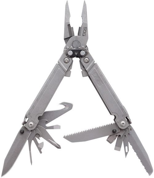 SOGPA3001CP 6.88" overall. Tools include: Needlenose pliers l Wire cutter l Ruler l Awl l Hex/Bit driver l Wire crimper l Bottle opener l Flat head screwdriver l Phillips screwdriver l Can opener l Small screwdriver l Metric ruler I Gripper I Protractor I Chisel I Magnetic bit holder I Jewelry driver. Compound leverage. Assisted open technology with blade, serrated blade, saw, and hook cutter. Black nylon belt sheath.