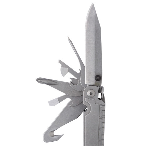 SOGPA3001CP 6.88" overall. Tools include: Needlenose pliers l Wire cutter l Ruler l Awl l Hex/Bit driver l Wire crimper l Bottle opener l Flat head screwdriver l Phillips screwdriver l Can opener l Small screwdriver l Metric ruler I Gripper I Protractor I Chisel I Magnetic bit holder I Jewelry driver. Compound leverage. Assisted open technology with blade, serrated blade, saw, and hook cutter. Black nylon belt sheath.