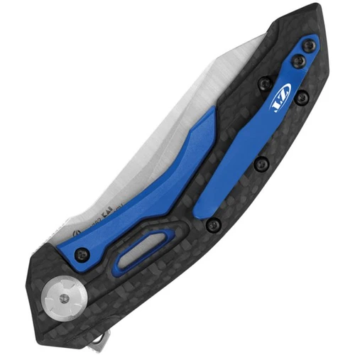 ZT0762 Stonewash and Satin Reverse Tanto CPM-20CV Blade / KVT Beall Bearing and Carbon Fiber with Blue Anodized Hardware Handle