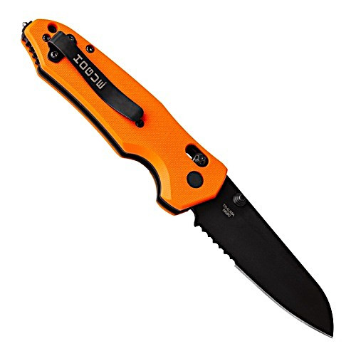 HO34774 4.88" (12.4cm) closed. 3.5" (8.89cm) black Cerakote finish partially serrated Bohler N690 stainless sheepsfoot blade. Orange G10 handle. Thumb stud. Lanyard hole. Belt/cord cutter. Glass breaker. Pocket clip. ABLE lock blade.