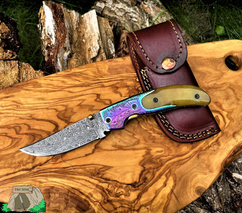 TITAN - TF-015 Damasucs Pocket Knife exquisite engrave bolster