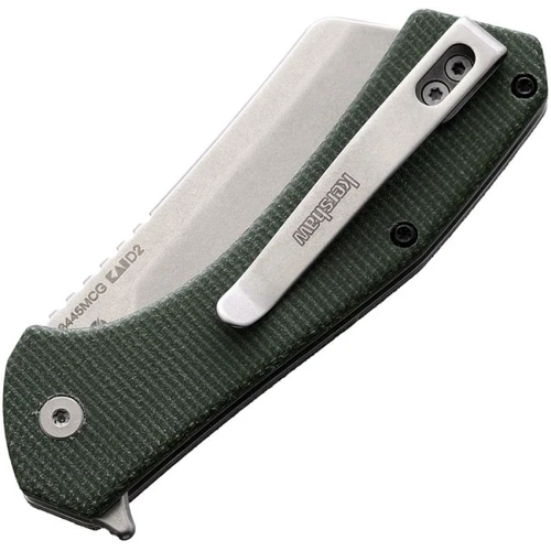 KS3445MCG Static Framelock  stonewash finish D2 tool steel blade. Green micarta handle