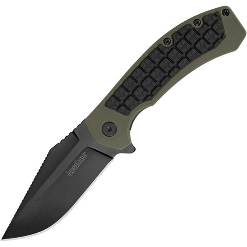 KS8760 Faultline Linerlock black oxide coated 8Cr13MoV stainless blade. Green GRN handle with black rubber insert