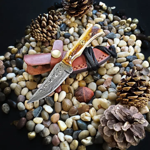 TITAN - Hand forged Damascus Knife Neck Knife Burnt Bone