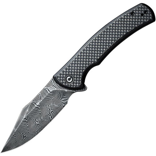 Sinisys Flipper Knife Carbon Fiber Overlay G10 / Stainless Steel Lock Side Handle Damascus Blade