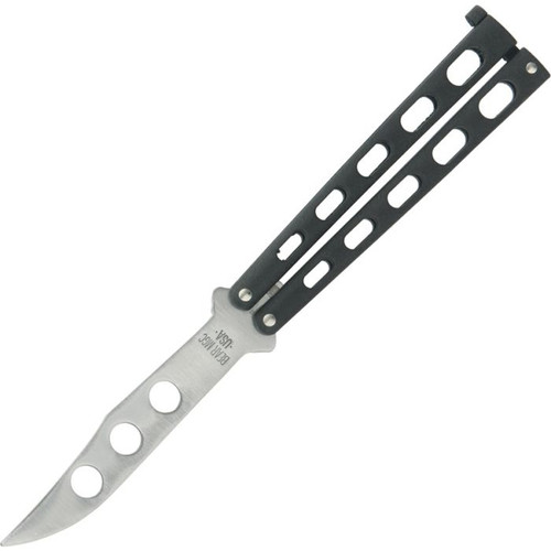 Bear & Son 5" (12.7cm) closed. Stainless blunt tip blade. Slotted metal handles with a black crackle finish.