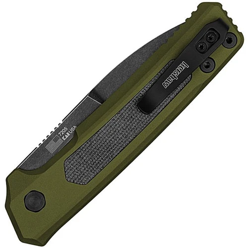 KS7205 Auto Launch 22 BlackWash finish CPM MagnaCut stainless spear point blade. OD green anodized aluminum handle with black canvas micarta insert