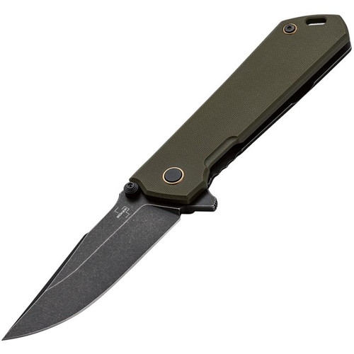 BOP01BO164 Black stonewash finish D2 tool steel blade. Green G10 handle with black stonewash finish stainless back handle