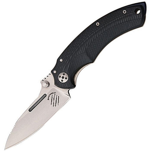 BBR2 Satin Finish D2 Steel, Modified Drop Point Blade / Black G10 Handle w/Satin Finish Titanium Back. Features the IKBS Ball Bearing System