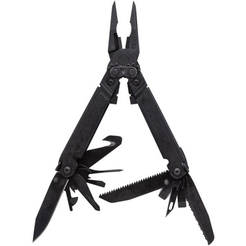 SOGPA3002CP 6.88" overall. Tools include: Awl l Bottle opener l Can opener l Flat head screwdriver l Hex/Bit driver l Metric ruler l Needlenose pliers l Phillips screwdriver l Ruler l Small screwdriver l Wire crimper l Wire cutter. Gripper I Protractor I Chisel I Magnetic bit holder I Jewelry driver. Compound leverage. Assisted open technology with blade, serrated blade, saw, and hook cutter.