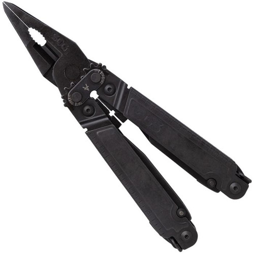 SOGPA3002CP 6.88" overall. Tools include: Awl l Bottle opener l Can opener l Flat head screwdriver l Hex/Bit driver l Metric ruler l Needlenose pliers l Phillips screwdriver l Ruler l Small screwdriver l Wire crimper l Wire cutter. Gripper I Protractor I Chisel I Magnetic bit holder I Jewelry driver. Compound leverage. Assisted open technology with blade, serrated blade, saw, and hook cutter.