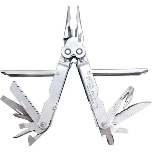 SOGS62NCP All stainless construction with a silver finish. Pivoting handle covers increase comfort. Functions include needlenose pliers, large screwdriver, wire cutters, partially serrated blade, v-cutter, crimpers, ruler, can opener with fine screwdriver, bottle opener with screwdriver, 1/4" drive, Phillips screwdriver, wood saw, fine/coarse file, and awl. All tools lock and are accessible when tool is open. Nylon sheath