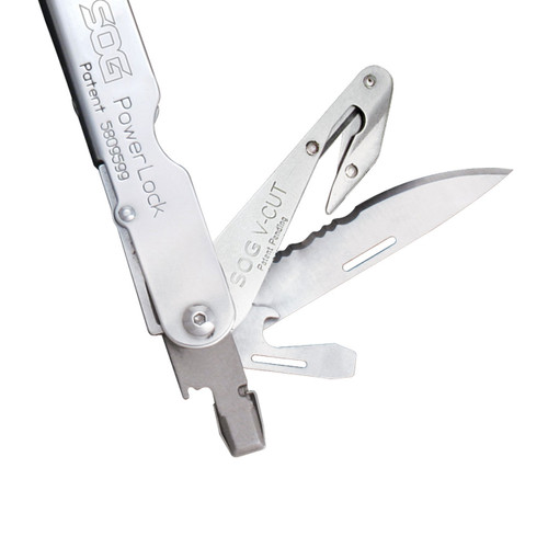 SOGS62NCP All stainless construction with a silver finish. Pivoting handle covers increase comfort. Functions include needlenose pliers, large screwdriver, wire cutters, partially serrated blade, v-cutter, crimpers, ruler, can opener with fine screwdriver, bottle opener with screwdriver, 1/4" drive, Phillips screwdriver, wood saw, fine/coarse file, and awl. All tools lock and are accessible when tool is open. Nylon sheath